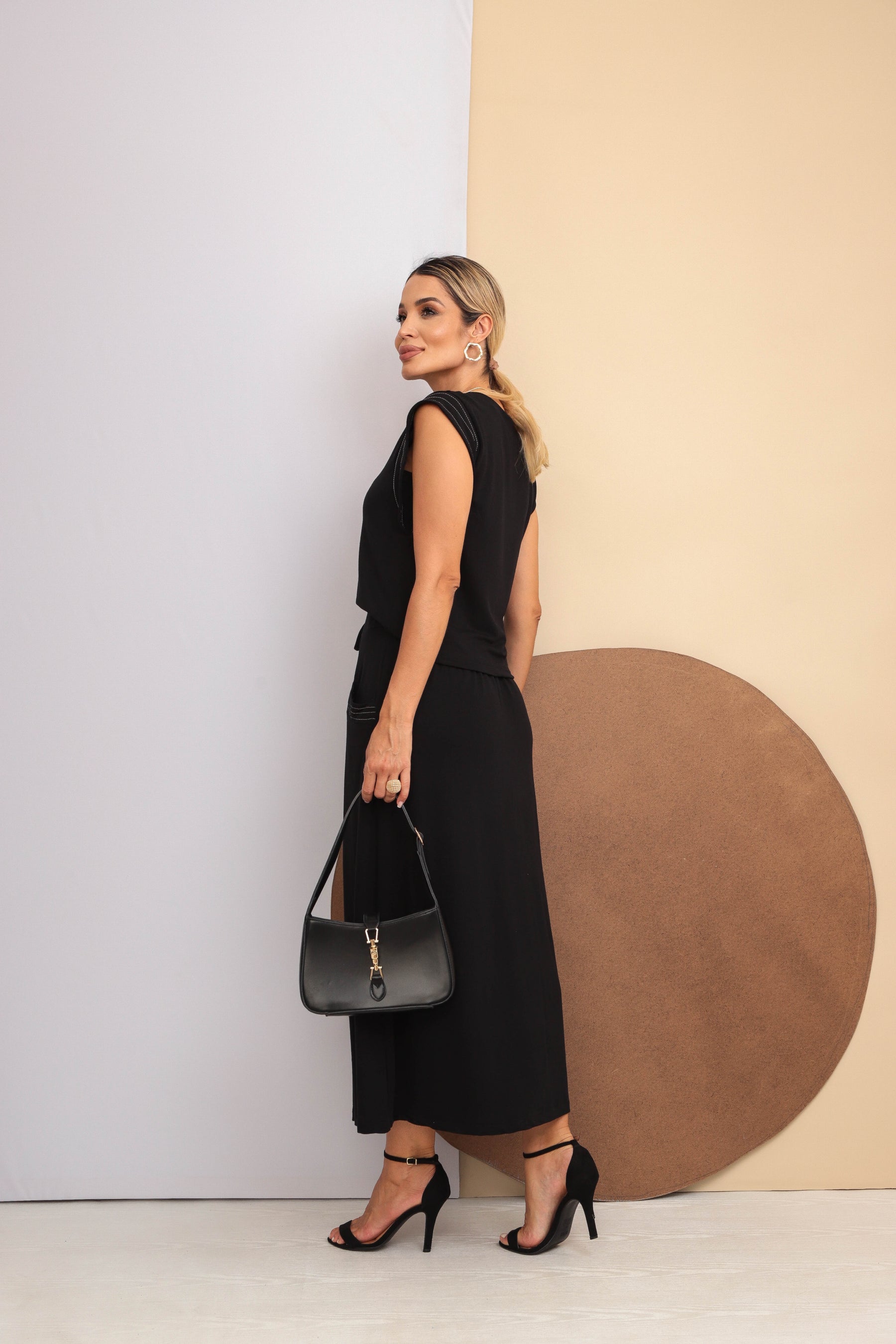 Conjunto de saia maxi midi com blusa de manga japonesa e decote em V Helena