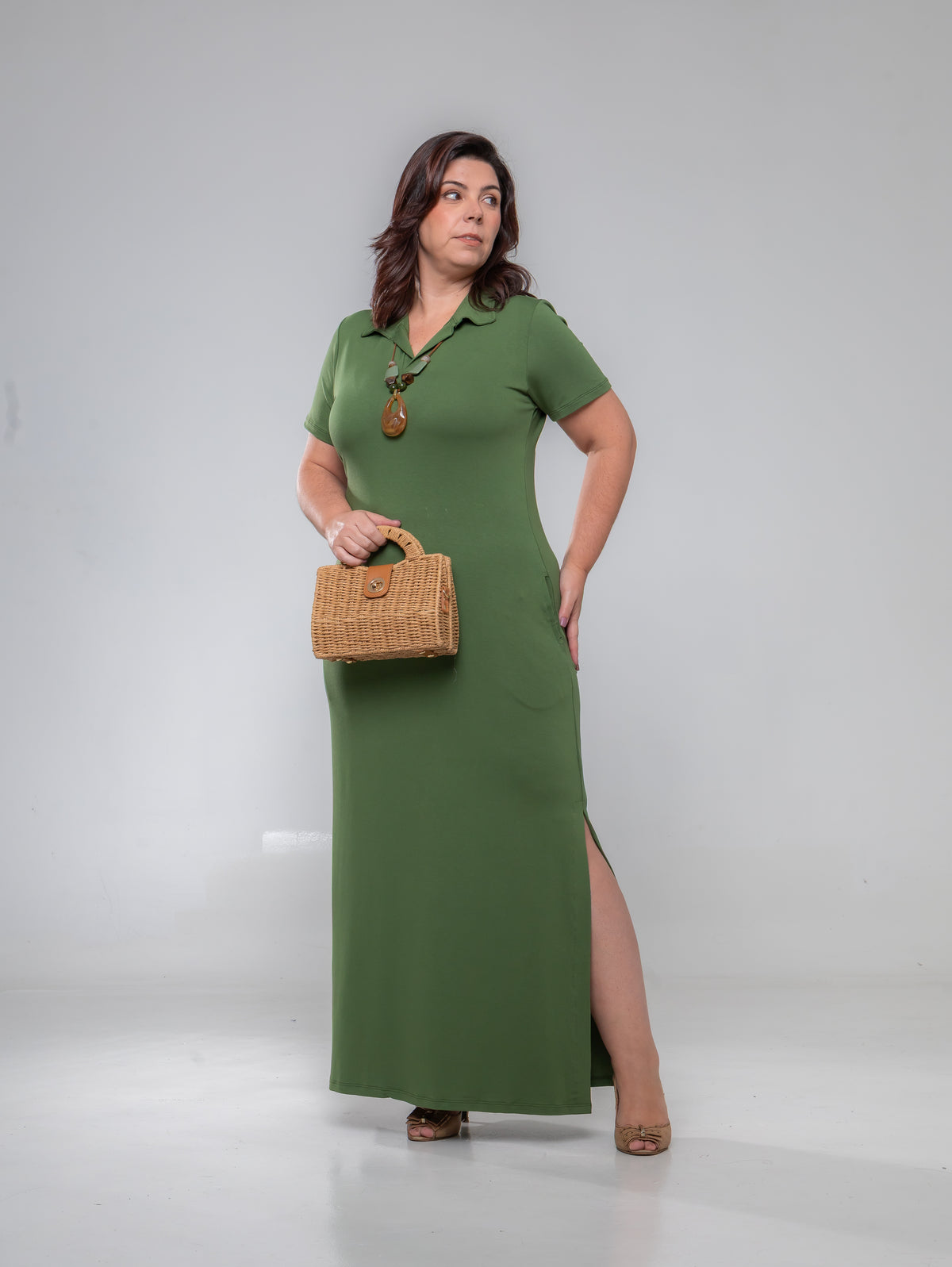 Vestido longo de manga curta com gola polo e fendas laterais verde Polo