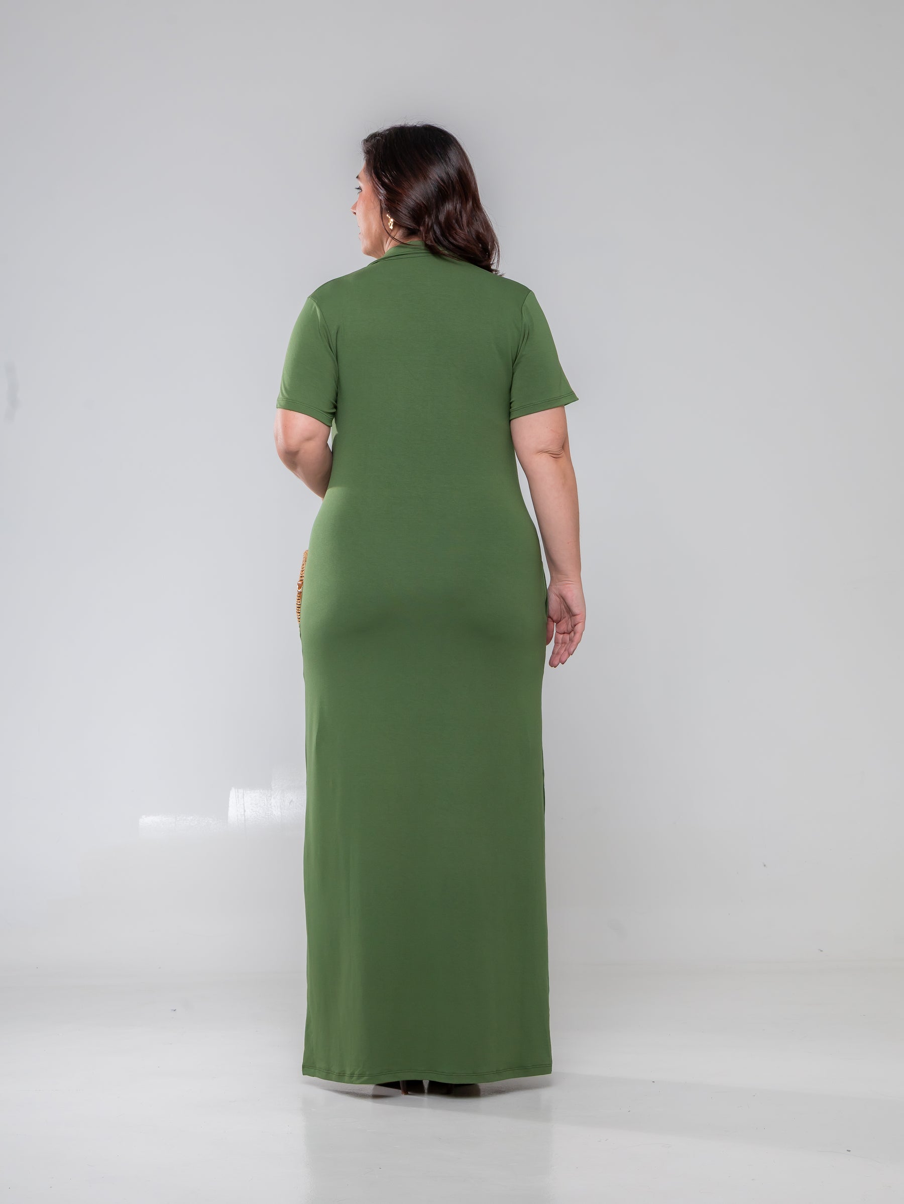 Vestido longo de manga curta com gola polo e fendas laterais verde Polo