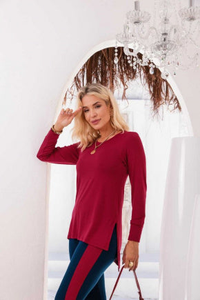 Conjunto de calça reta com blusa manga longa decote redondo Laura