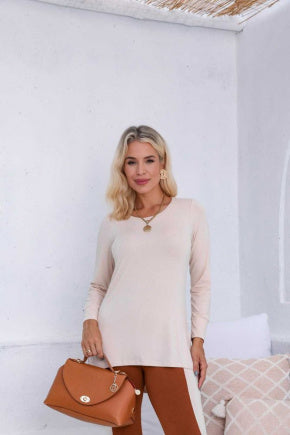 Conjunto de calça reta com blusa manga longa decote redondo Laura