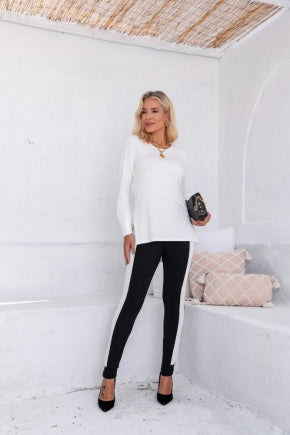 Conjunto de calça reta com blusa manga longa decote redondo Laura