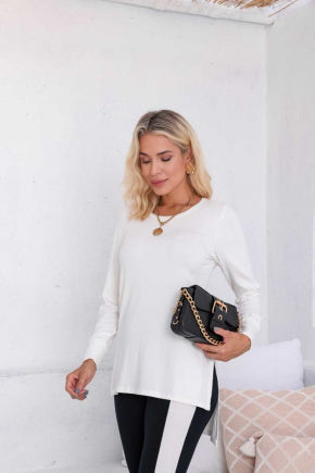 Conjunto de calça reta com blusa manga longa decote redondo Laura
