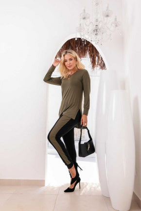 Conjunto de calça reta com blusa manga longa decote redondo Laura