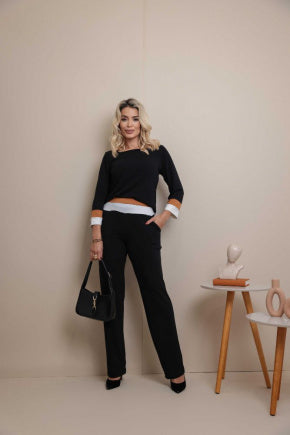 Conjunto de calça reta e blusa decote quadrado com manga 7/8 Simone
