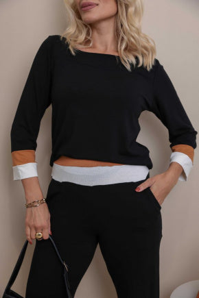 Conjunto de calça reta e blusa decote quadrado com manga 7/8 Simone