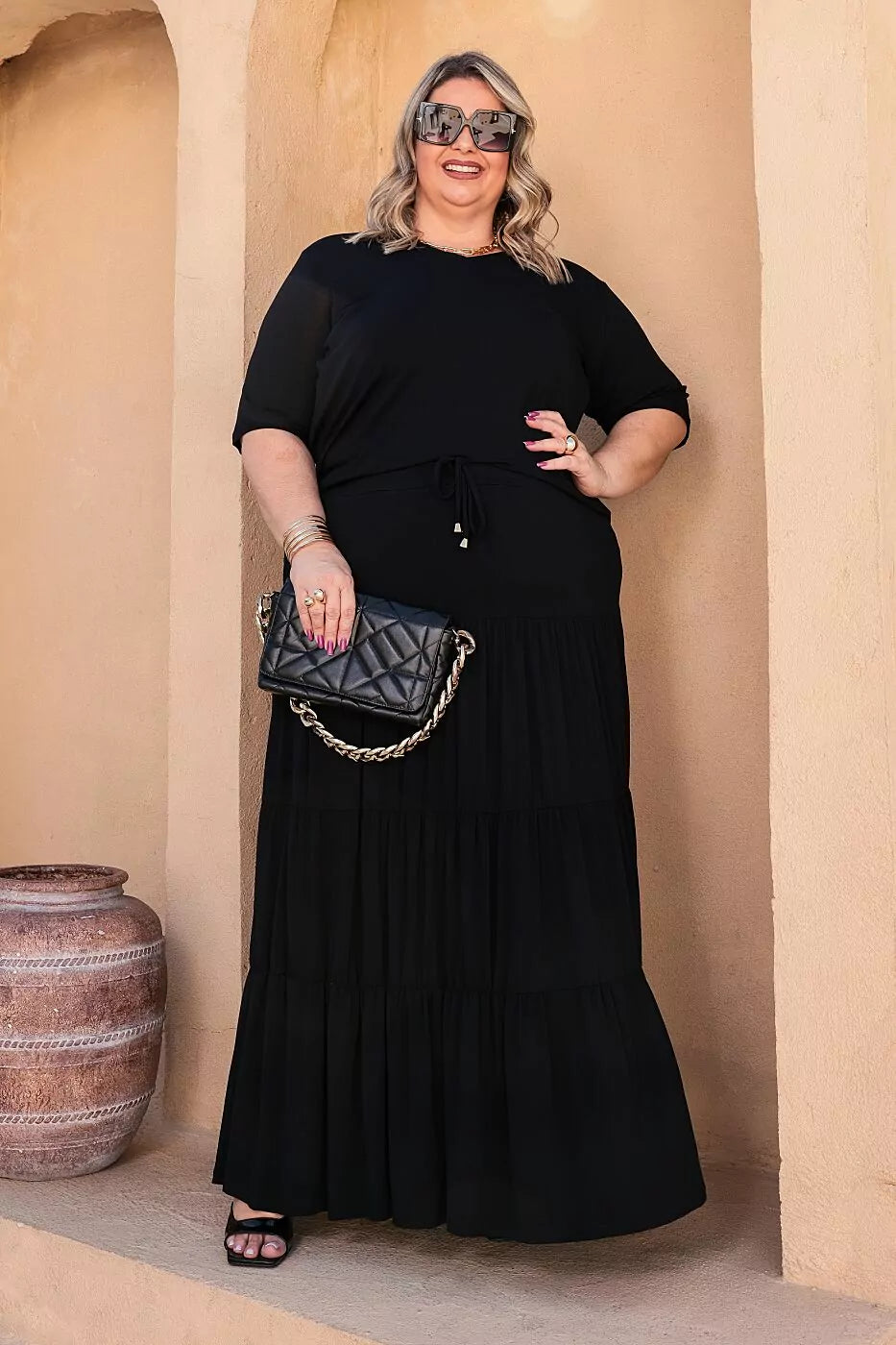 Conjunto de saia longa 3 Marias com blusa manga curta e decote V Ana Júlia