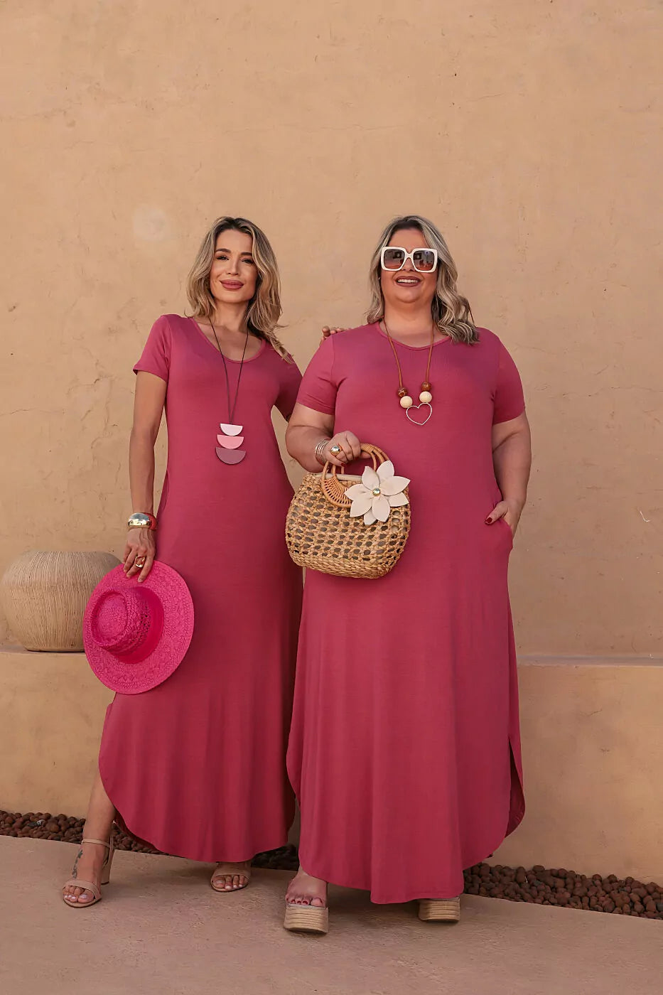 Vestido longo de manga curta com decote redondo Verão