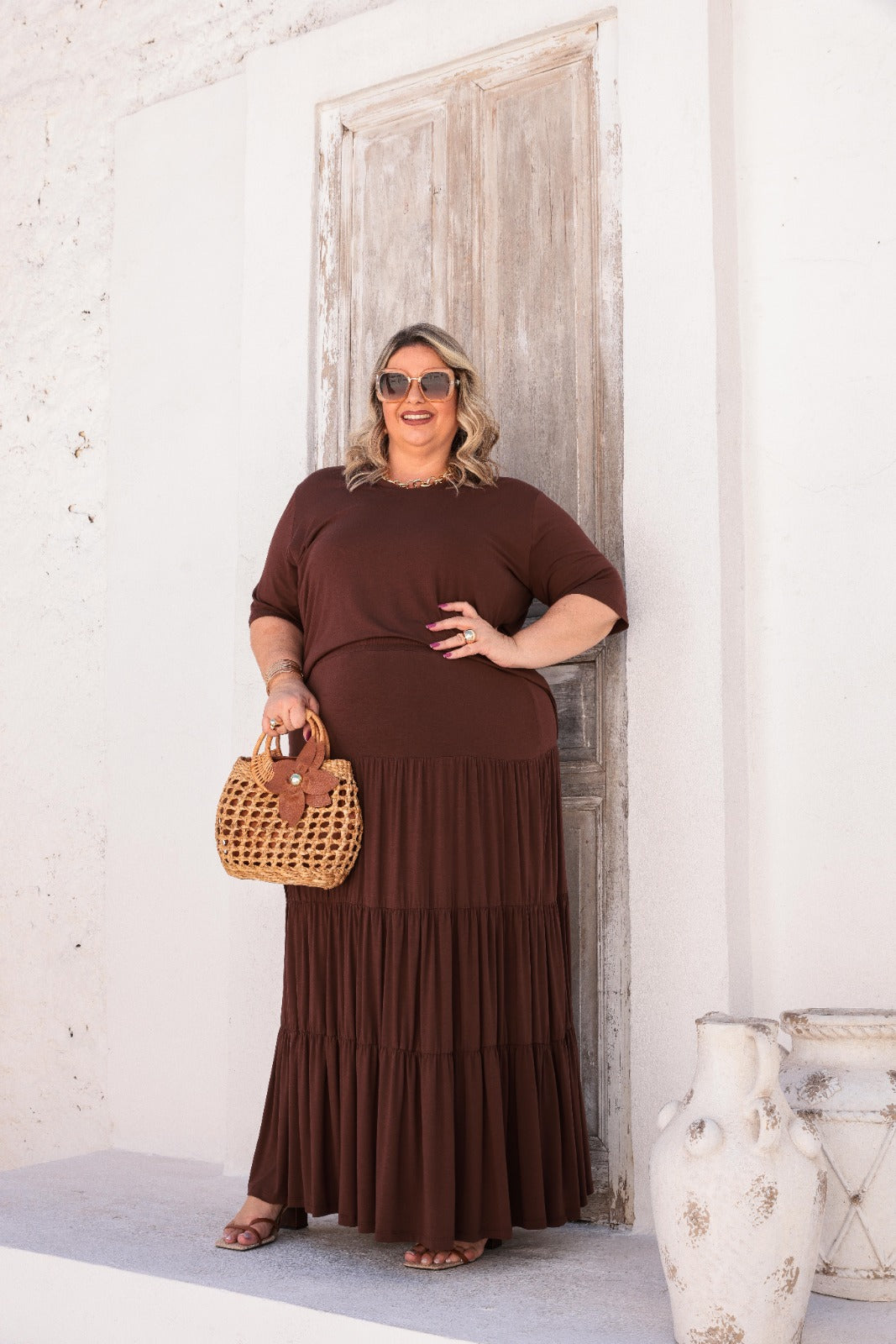 Conjunto de saia longa 3 Marias com blusa manga curta e decote V Ana Júlia