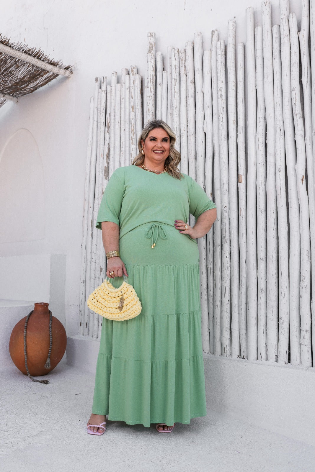 Conjunto de saia longa 3 Marias com blusa manga curta e decote V Ana Júlia