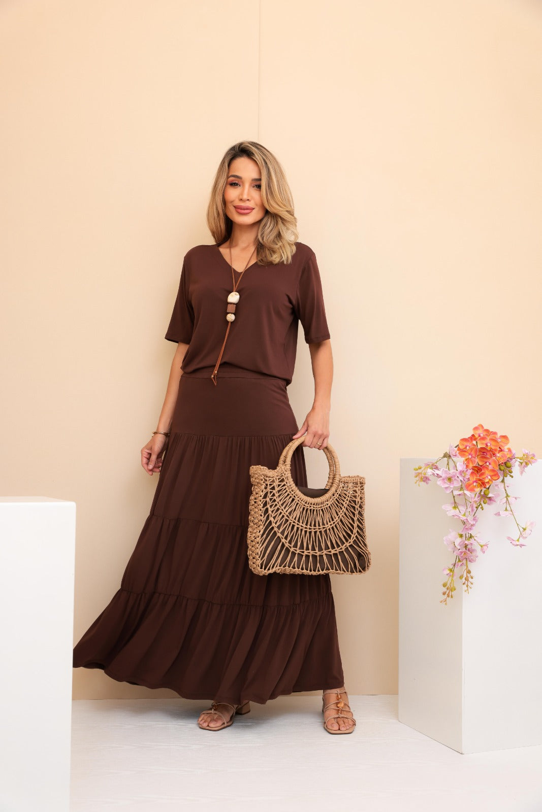 Conjunto de saia longa 3 Marias com blusa manga curta e decote V Ana Júlia