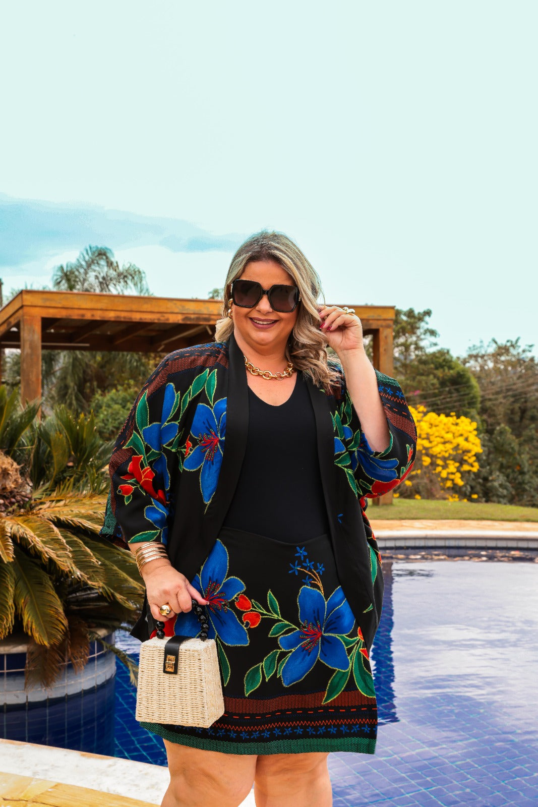 Trijunto de shorts/saia kimono com manga 3/4 e regata decote V Ivete