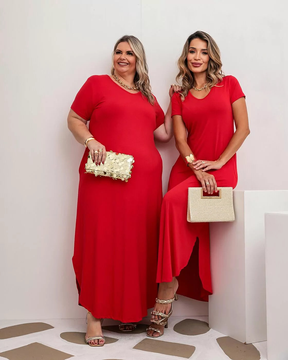 Vestido longo de manga curta com decote redondo Verão