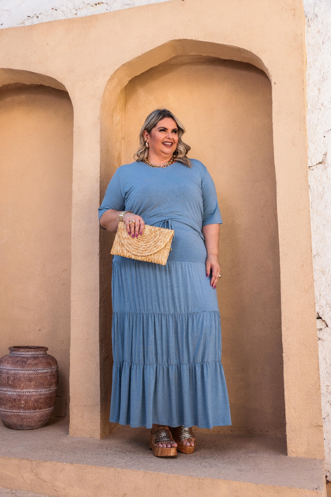 Conjunto de saia longa 3 Marias com blusa manga curta e decote V Ana Júlia