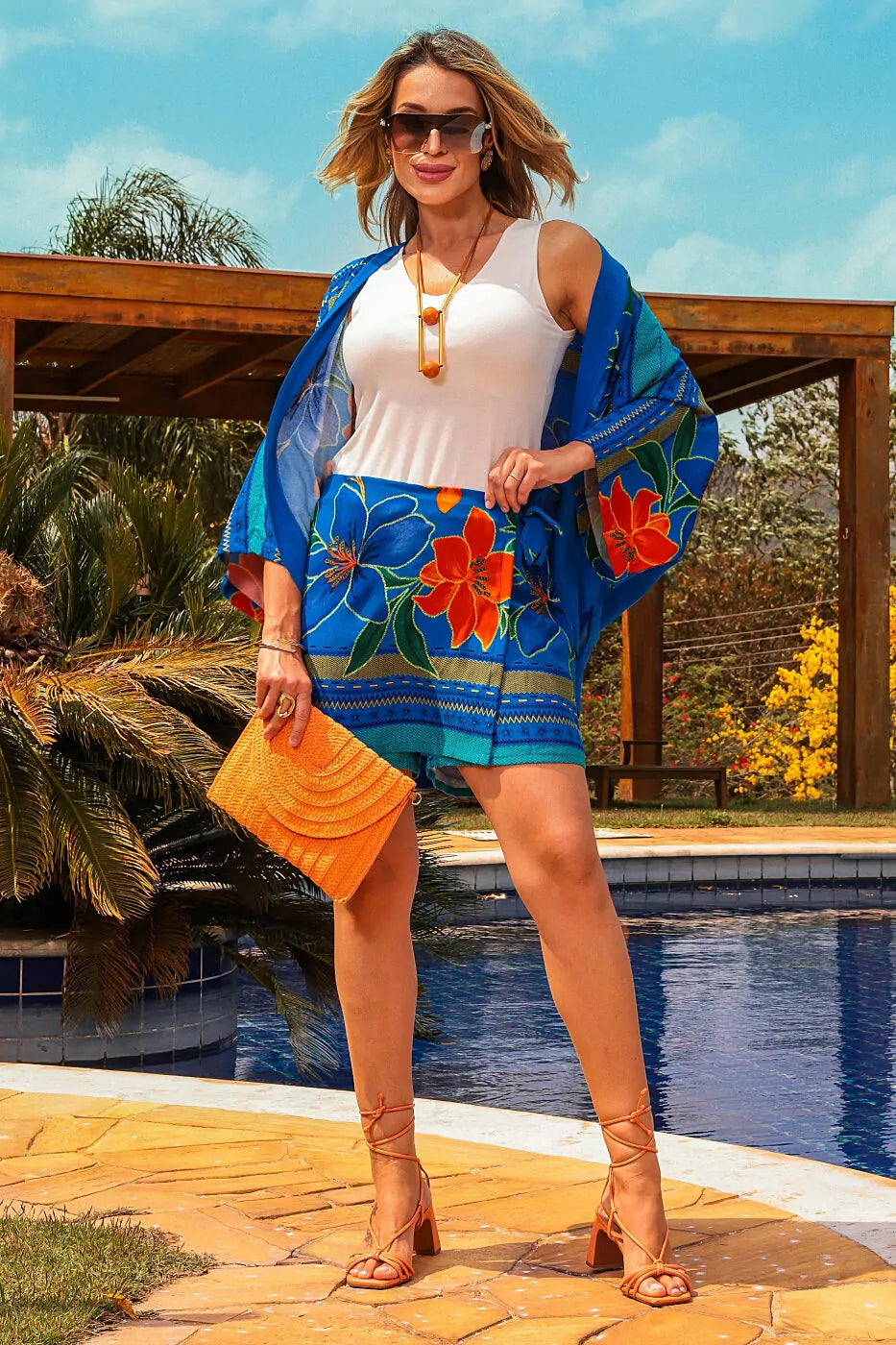 Trijunto de shorts/saia kimono com manga 3/4 e regata decote V Ivete