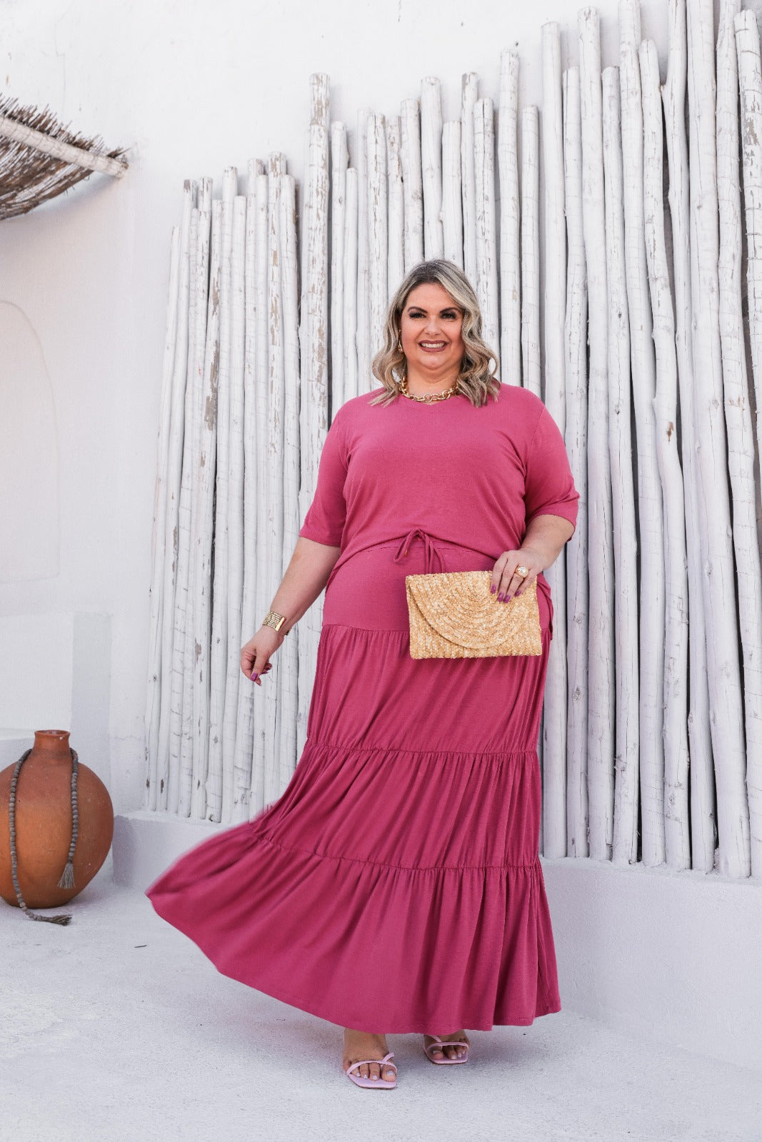 Conjunto de saia longa 3 Marias com blusa manga curta e decote V Ana Júlia