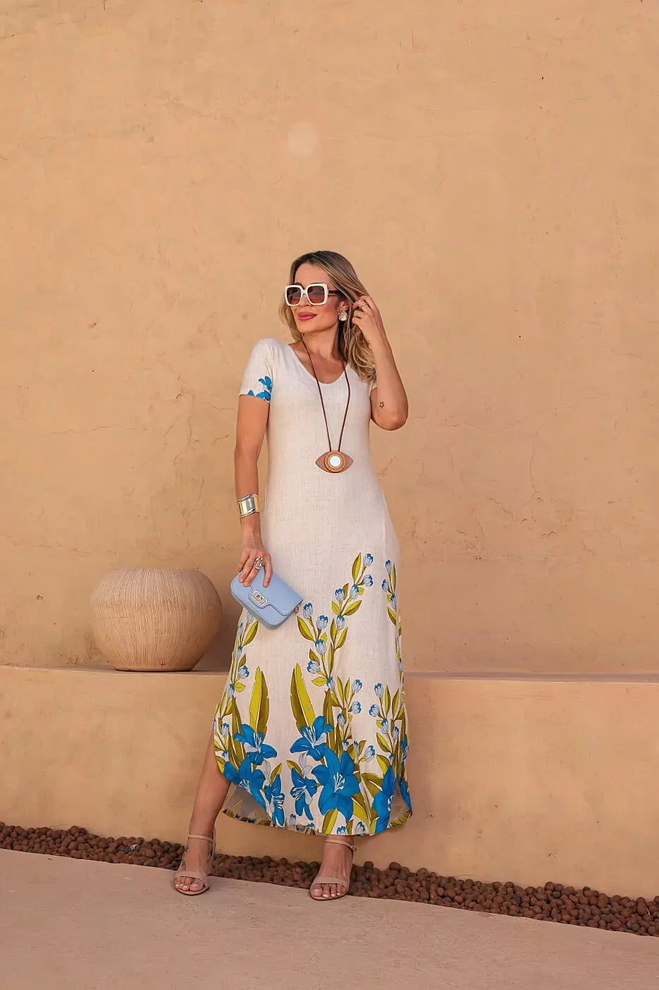 Vestido longo de manga curta com decote redondo Verão