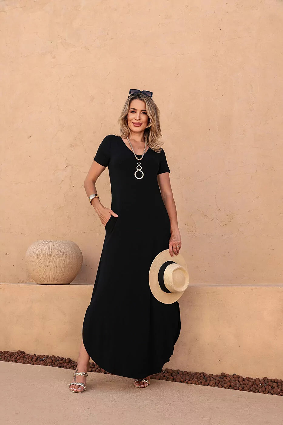 Vestido longo de manga curta com decote redondo Verão