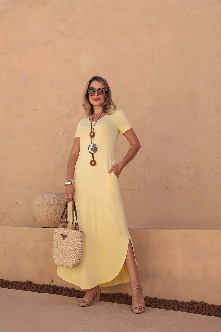 Vestido longo de manga curta com decote redondo Verão