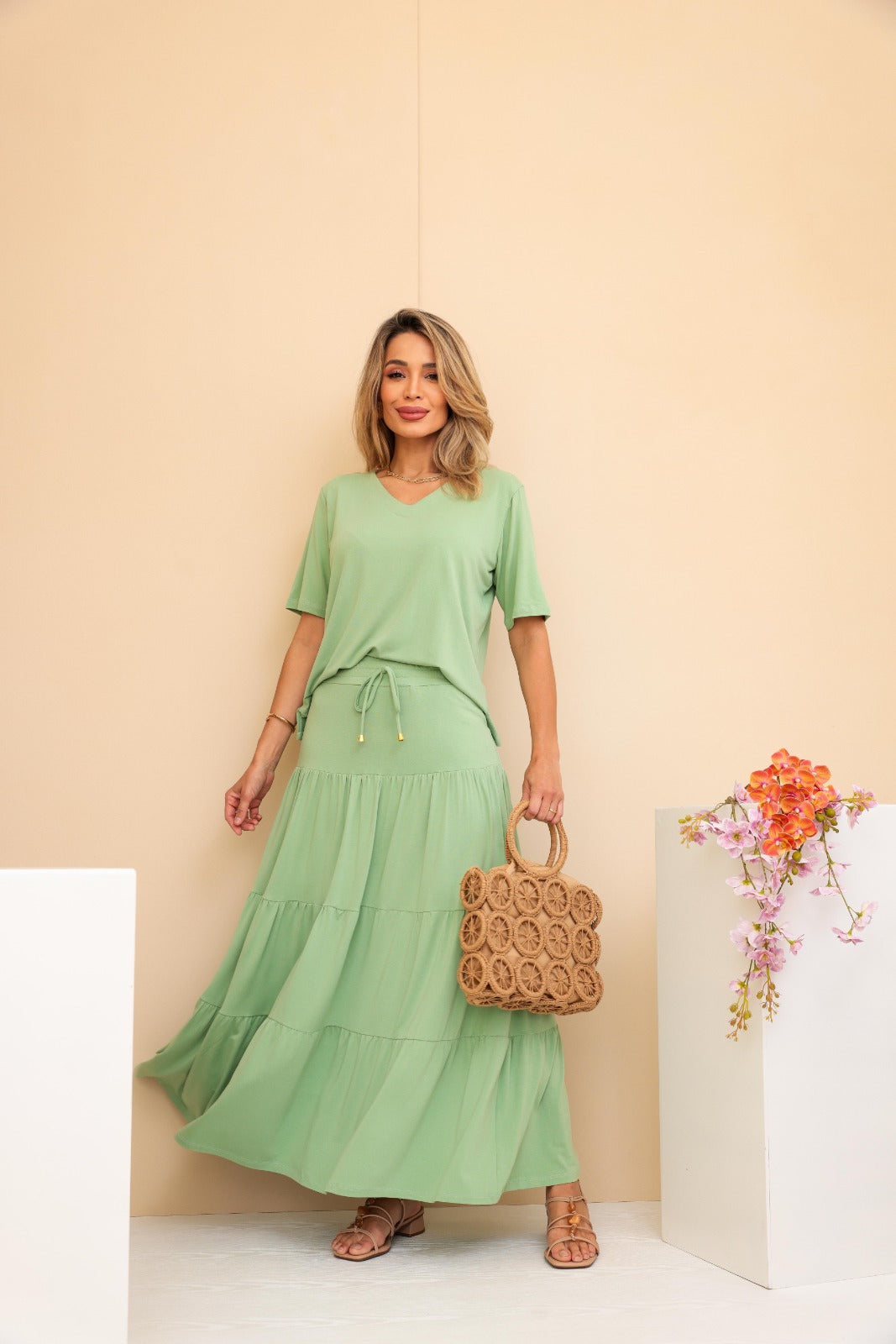 Conjunto de saia longa 3 Marias com blusa manga curta e decote V Ana Júlia