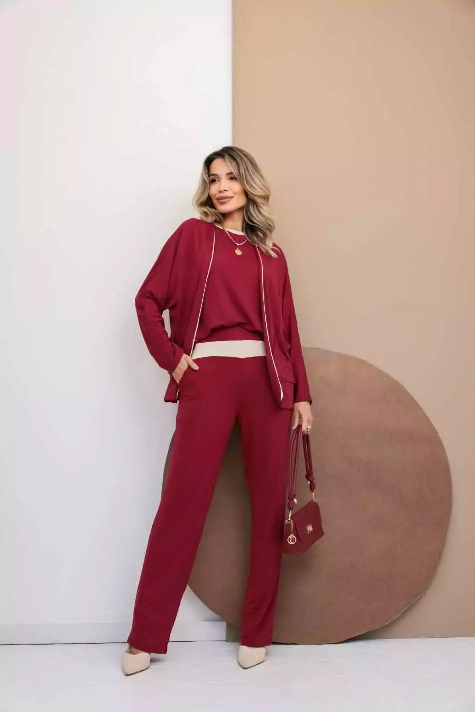 Trijunto de calça reta blusa regata e cardigã manga longa Eleonora