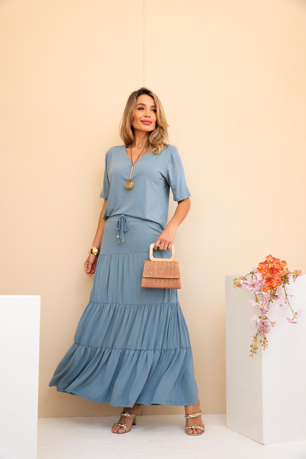 Conjunto de saia longa 3 Marias com blusa manga curta e decote V Ana Júlia