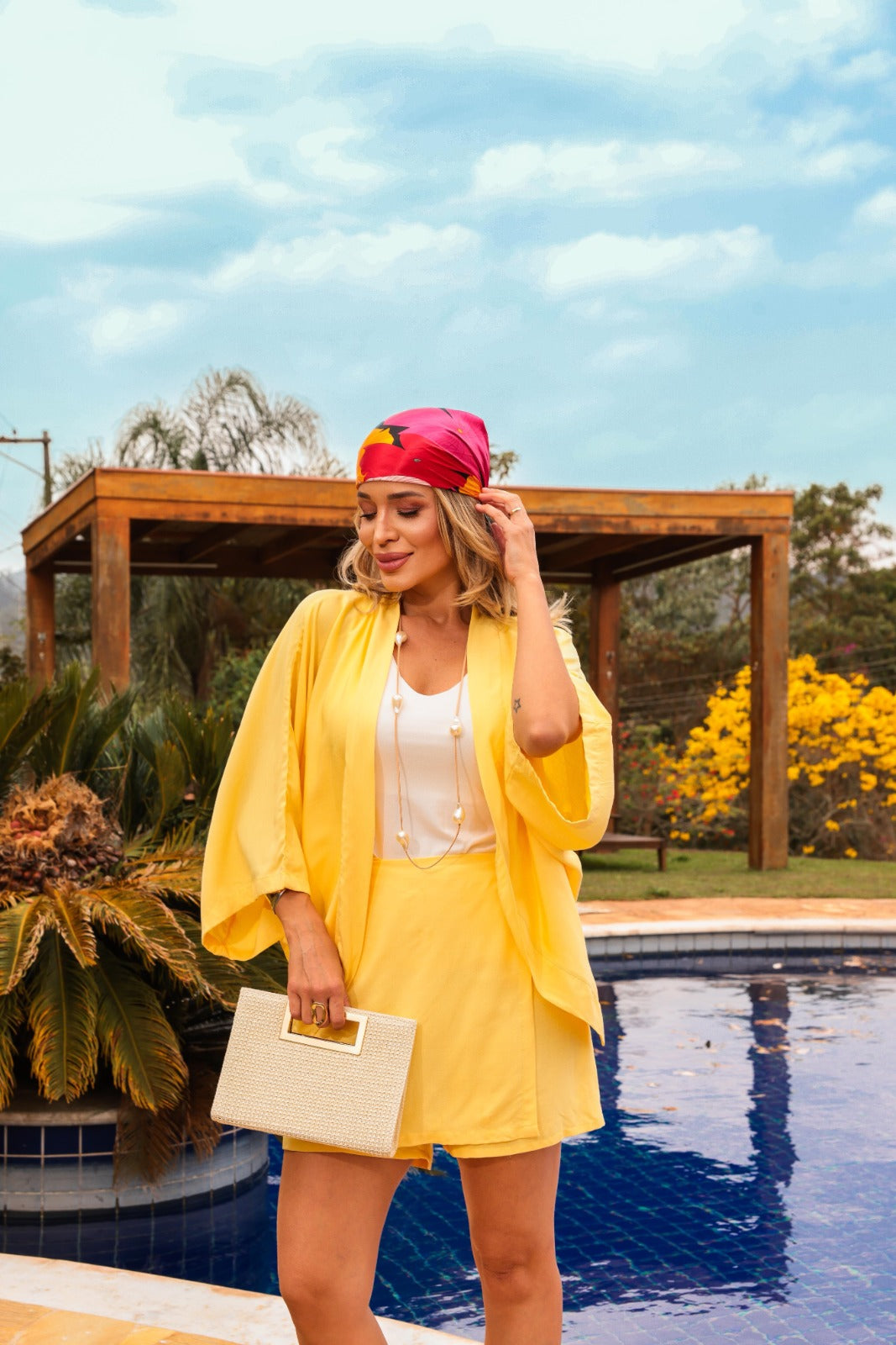 Trijunto de shorts/saia kimono com manga 3/4 e regata decote V Ivete