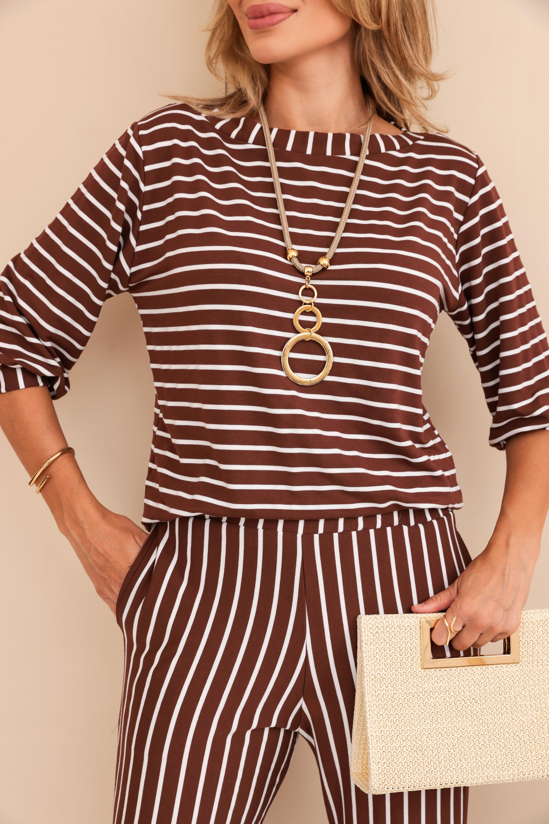 Conjunto de calça pantalona com blusa manga 3/4 Leia