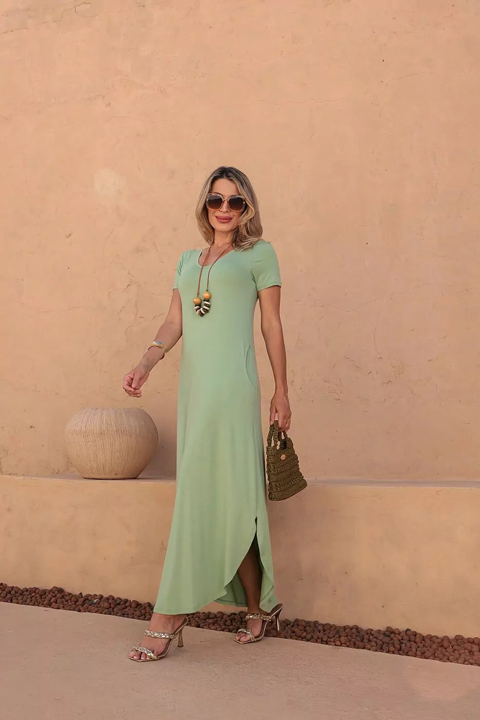 Vestido longo de manga curta com decote redondo Verão