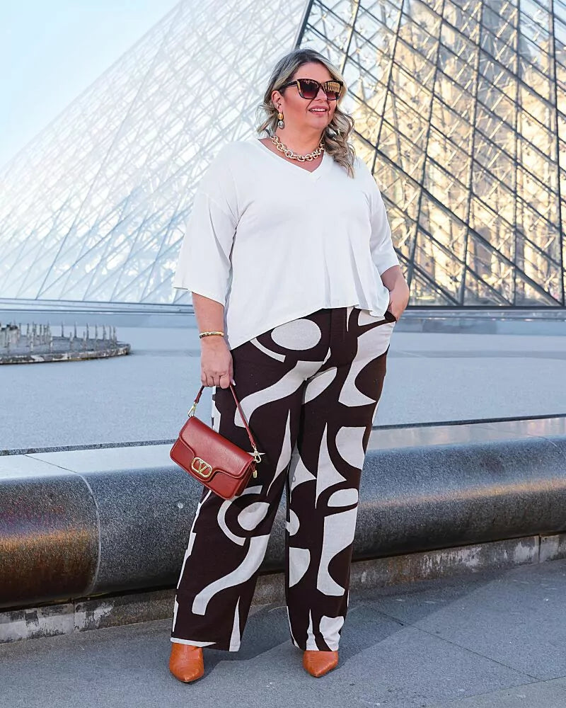 Conjunto de calça reta com blusa de manga curta e gola V Fleur