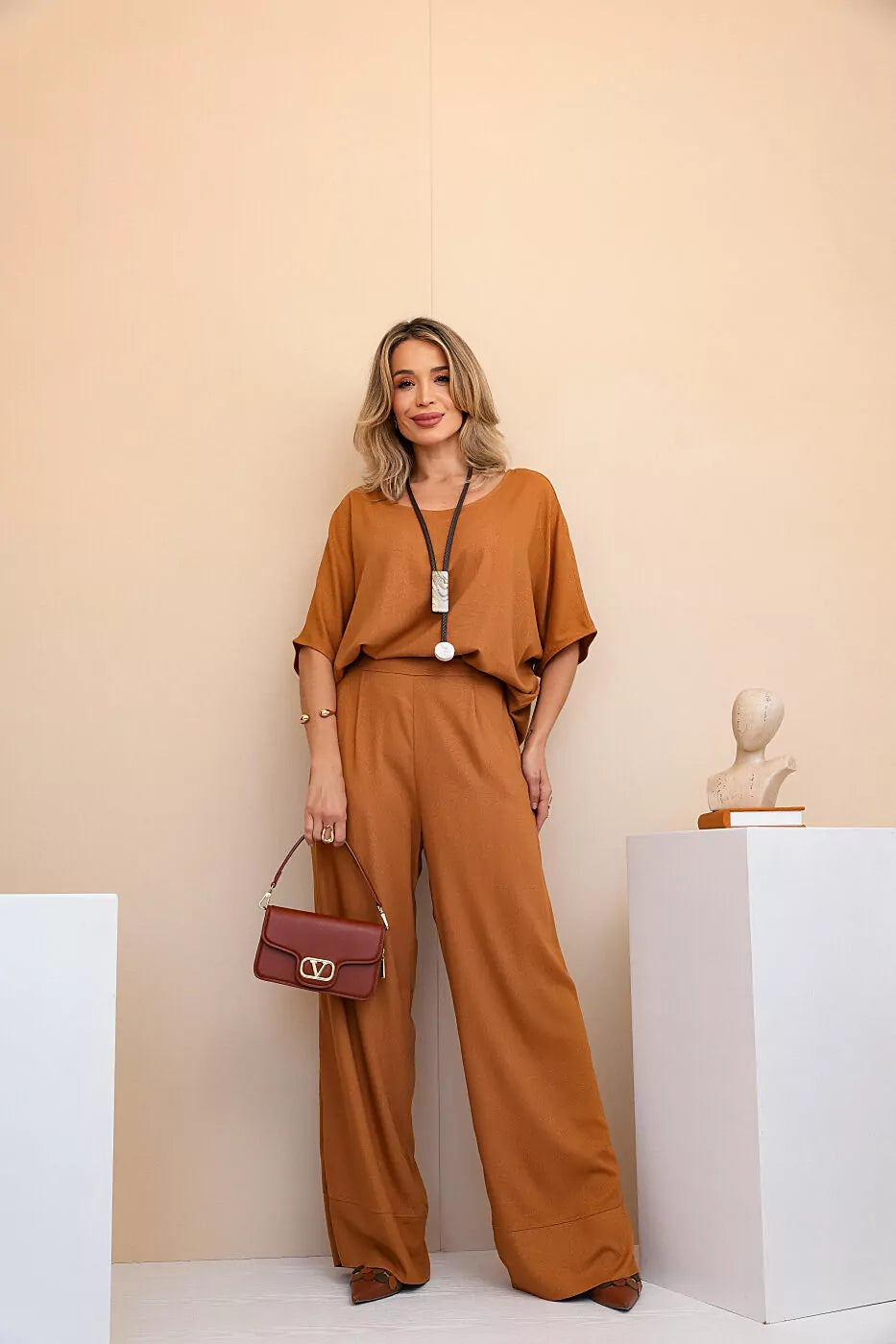 Conjunto de calça pantalona e blusa manga curta Lívia