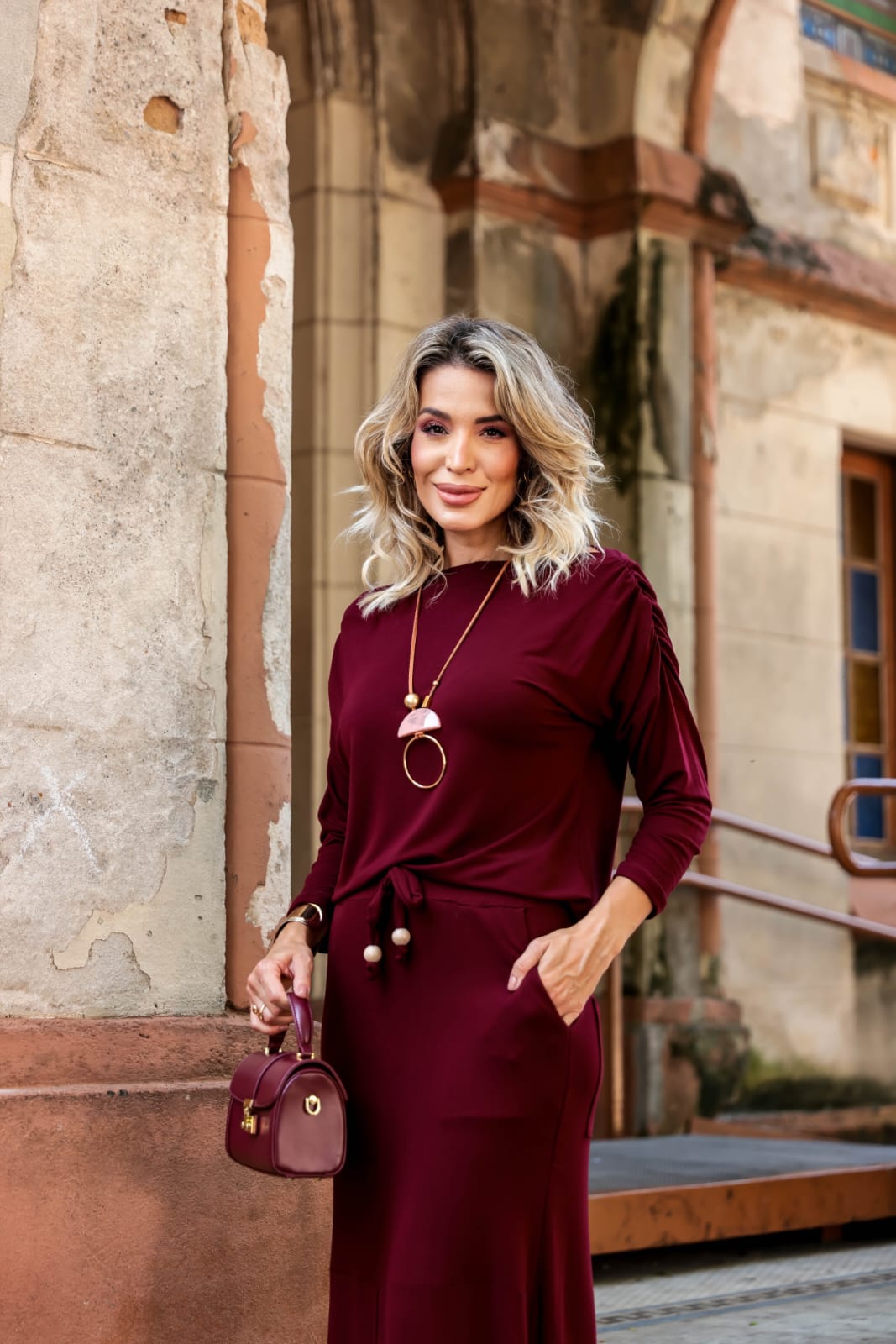 Conjunto de saia maxi midi com blusa de manga 3/4 e decote canoa Angelina