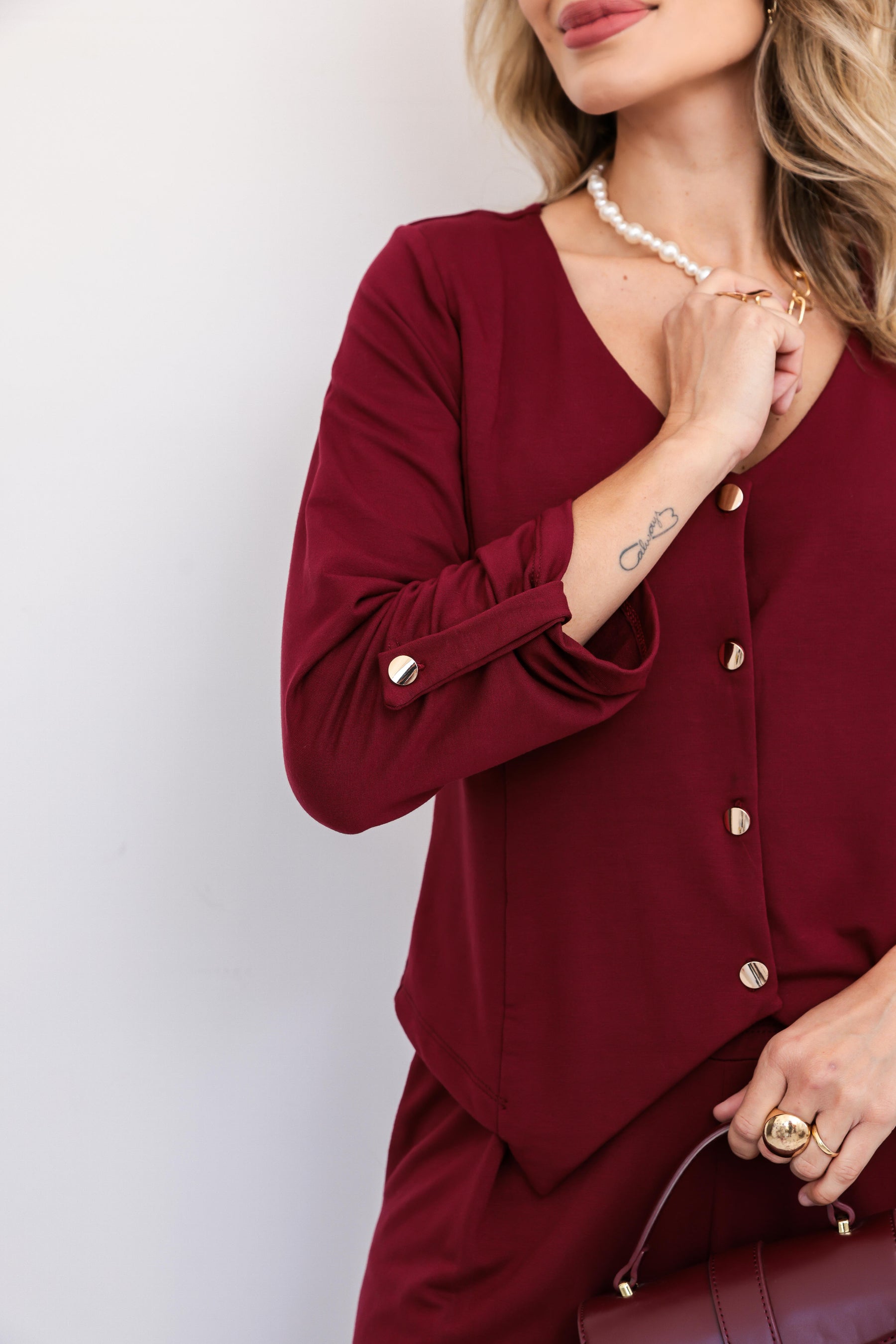 Conjunto de calça reta com blusa de botões e manga 7/8 Giovanna