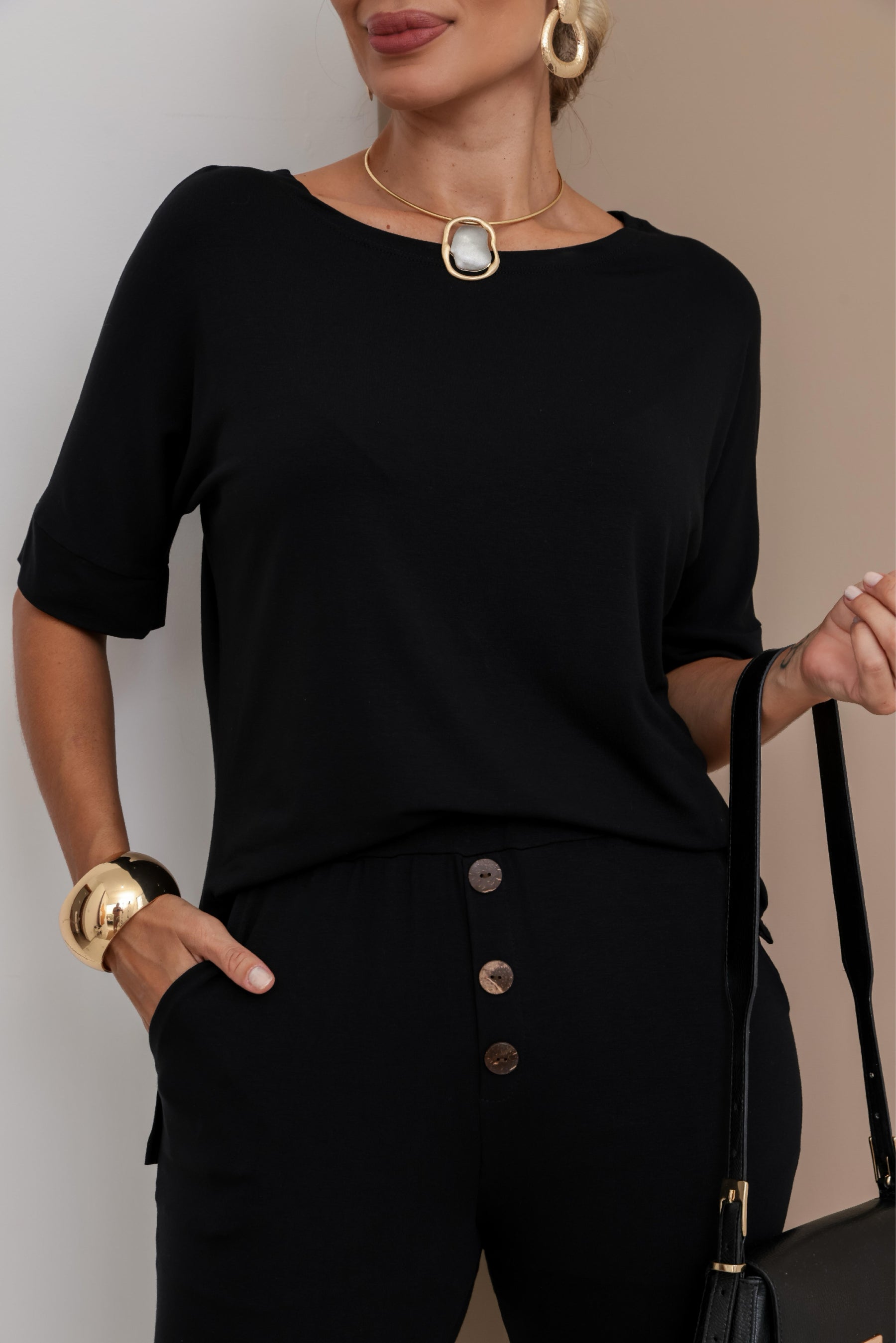 Conjunto de calça skinny com blusa de manga curta e gola careca Athena
