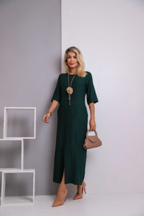 Vestido longo de manga 3/4 e decote redondo Isadora