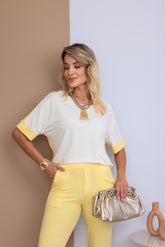 Conjunto de calça flare com blusa de manga curta e gola redonda Lazuli