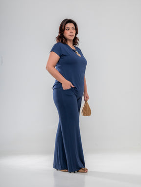 Blusa de manga curta com gola redonda azul marinho Serena