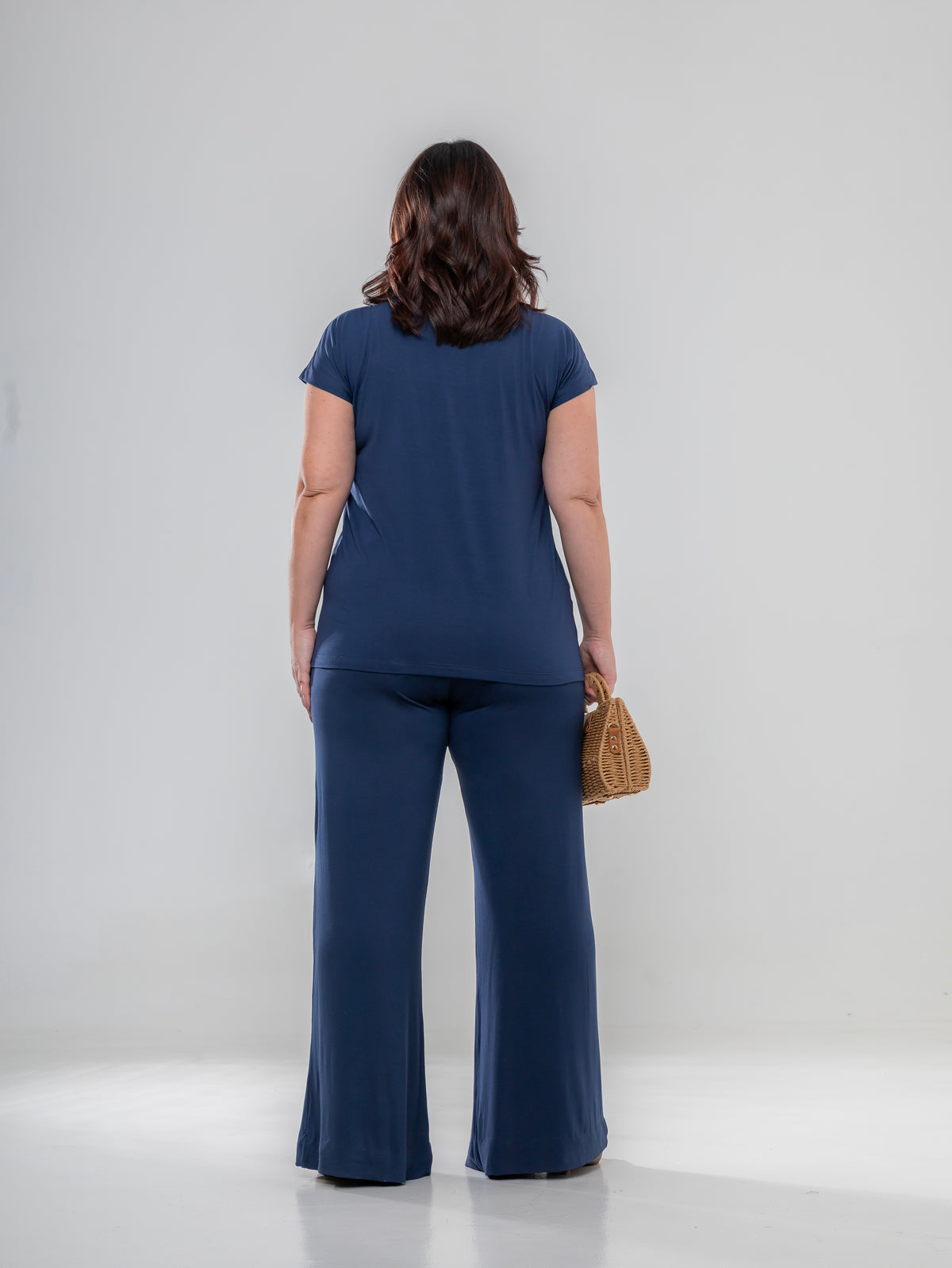 Blusa de manga curta com gola redonda azul marinho Serena