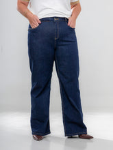 Calça jeans azul escuro wide leg com cós alto First