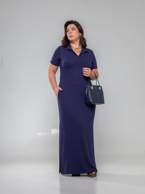 Vestido longo de manga curta com gola polo e fendas laterais azul Polo