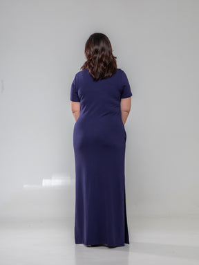 Vestido longo de manga curta com gola polo e fendas laterais azul Polo