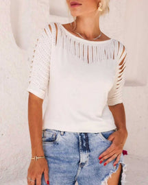 Blusa de manga 3/4 e decote com detalhe Shine