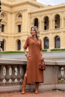 Vestido longo de manga 3/4 e gola colarinho Abigail