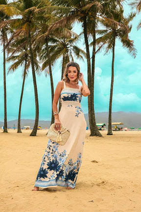 Vestido longo com alças largas e decote reto Rebeca