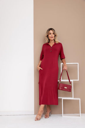 Vestido longo de manga 3/4 e gola colarinho Abigail