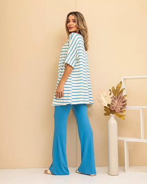 Trijunto de calça flare com regata gola V e cardigã manga 3/4 Silvia