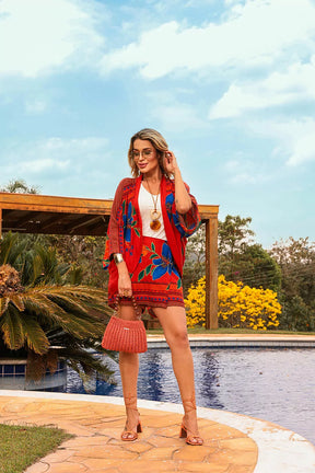 Trijunto de shorts/saia kimono com manga 3/4 e regata decote V Ivete