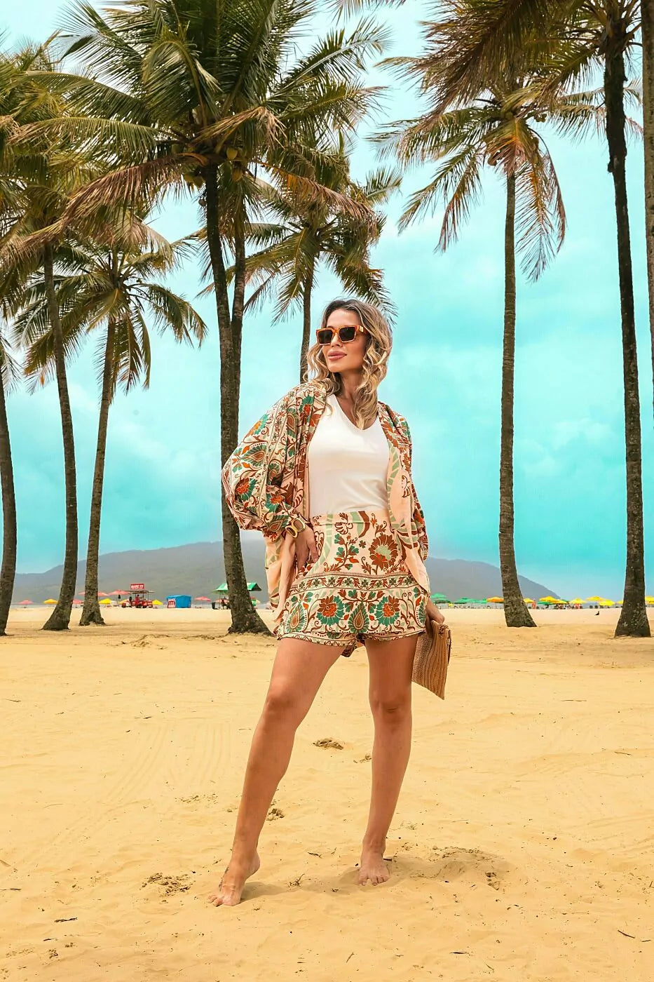 Trijunto de shorts/saia kimono com manga 3/4 e regata decote V Ivete