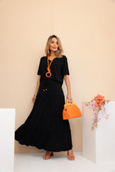 Conjunto de saia longa 3 Marias com blusa manga curta e decote V Ana Júlia