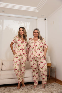 Pijama de calça e camisa com botões manga curta Celeste